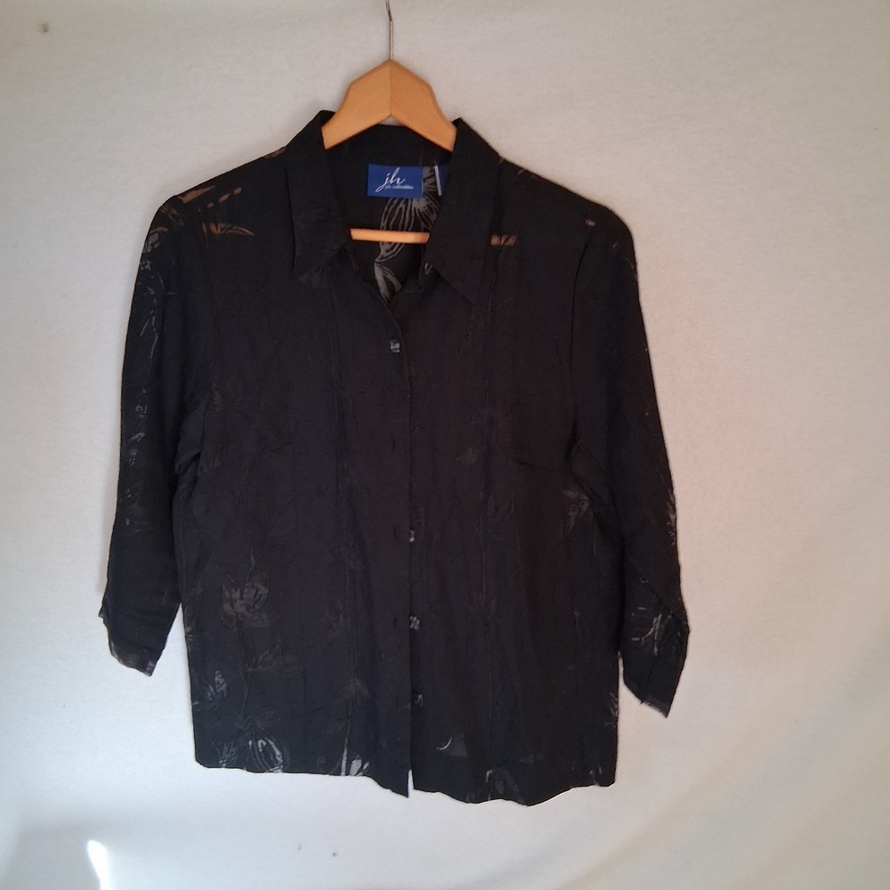 J H Collectibles Womens Black 3/4 Sleeves Palm Leaf Button Up Sheer‎ Top Size M